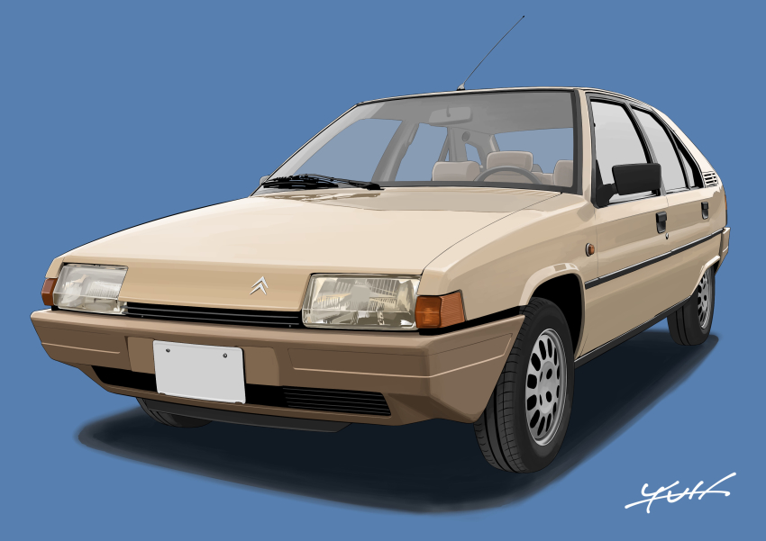 absurdres, bad_id, bad_pixiv_id, blue_background, car, citroen, citroen_bx, highres, logo, motor_vehicle, no_humans, original, radio_antenna, signature, simple_background, solo, vehicle_focus, vehicle_request, yuh_7929