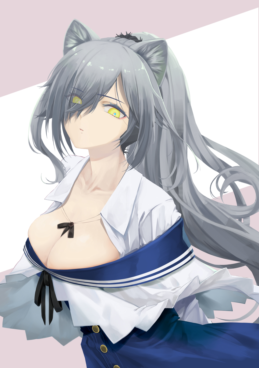 1girl, absurdres, animal_ear_fluff, animal_ears, arknights, blue_dress, breasts, cat_ears