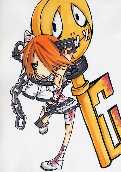 1girl, :/, a.b.a, arc_system_works, bags_under_eyes, bandages, blood, chain, chibi, female_focus, green_eyes, guilty_gear, hair_over_one_eye, homunculus, key, key_in_head, maon, marker_(medium), object_through_head, orange_hair, oversized_object, paracelsus_(guilty_gear), scar, short_hair, shorts, solo, stitches, traditional_media