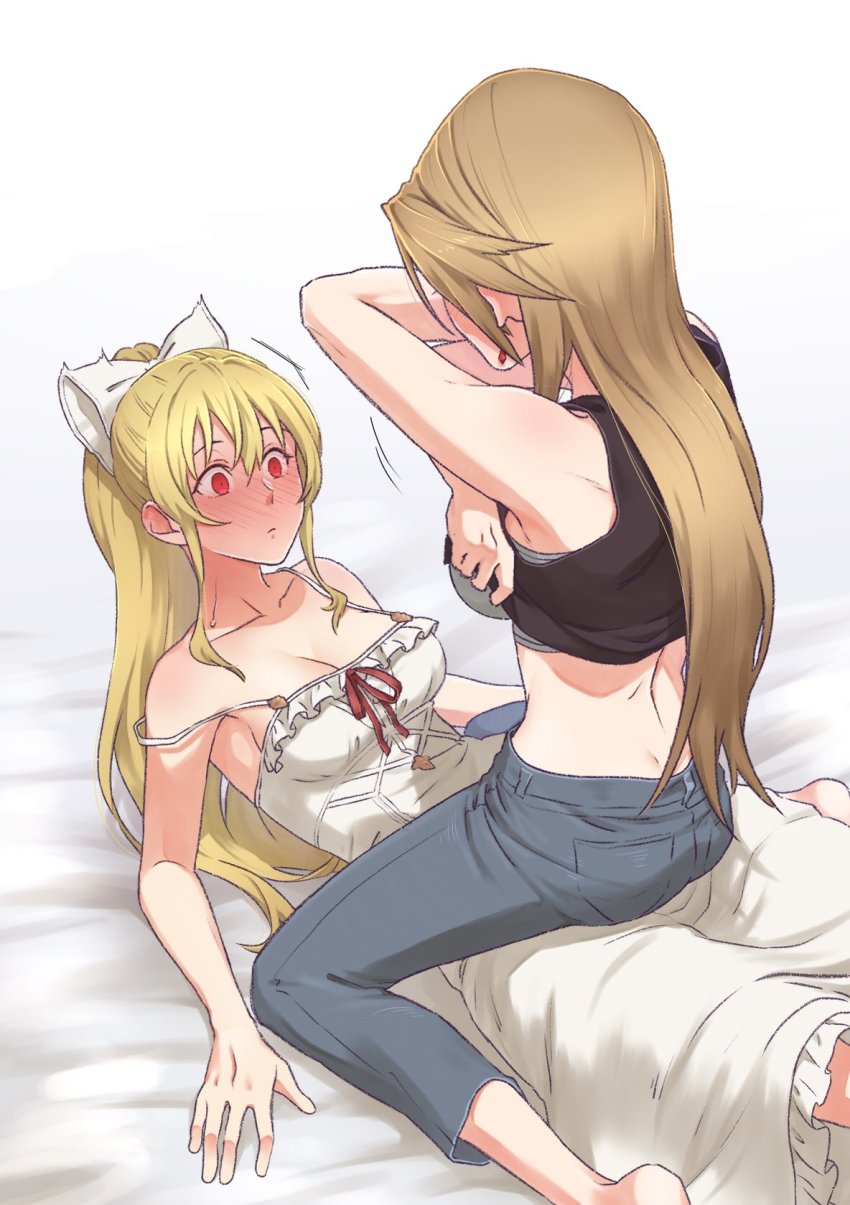 2girls, bed_sheet, belt, black_shirt, black_tank_top, blush, bow, bra, breasts, brown_hair, butt_crack, capri_pants, cleavage, clothes_lift, commentary_request, crossed_arms, dress, earrings, girl_on_top, granblue_fantasy, grey_belt, grey_bra, grey_pants, hair_between_eyes, hair_bow, high_ponytail, highres, jewelry, katalina_(granblue_fantasy), long_hair, looking_at_another, lying, midriff, miso-ha_(ukyuu), multiple_girls, on_back, pants, ponytail, red_eyes, red_ribbon, ribbon, shirt, shirt_lift, sidelocks, strap_slip, tank_top, underwear, vira_(granblue_fantasy), white_background, white_dress, yuri