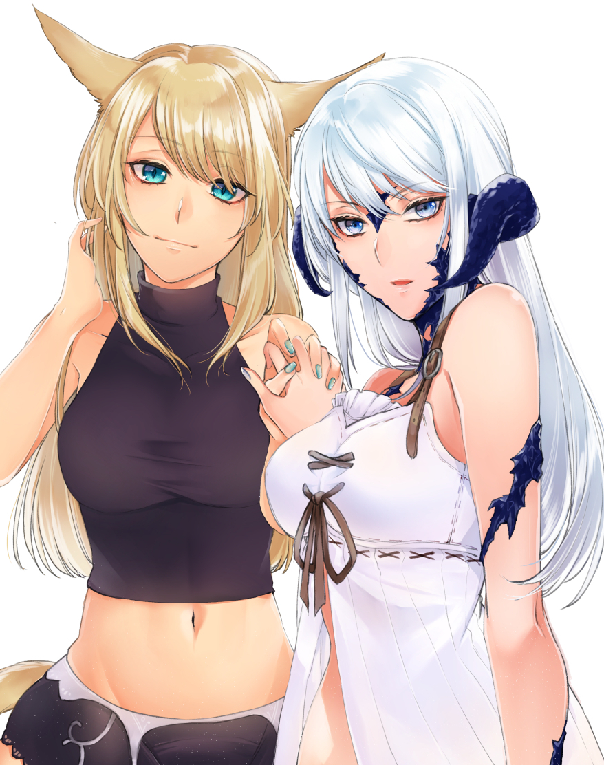 2girls, animal_ears, aqua_nails, au_ra, warrior_of_light_(ff14), bare_arms, bare_shoulders, blonde_hair
