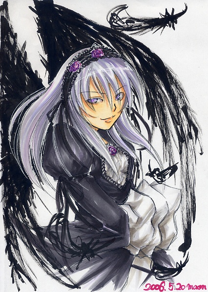 00s, black_wings, feathers, flower, gothic_lolita, grey_hair, lolita_fashion, maon