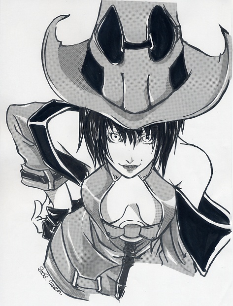 1girl, arc_system_works, bare_shoulders, breasts, cleavage, detached_sleeves, female_focus, fingerless_gloves, gloves, greyscale, guilty_gear, i-no, large_breasts, large_hat, leaning_forward, maon, marker_(medium), monochrome, scan, scan_artifacts, short_hair, signature, solo, traditional_media