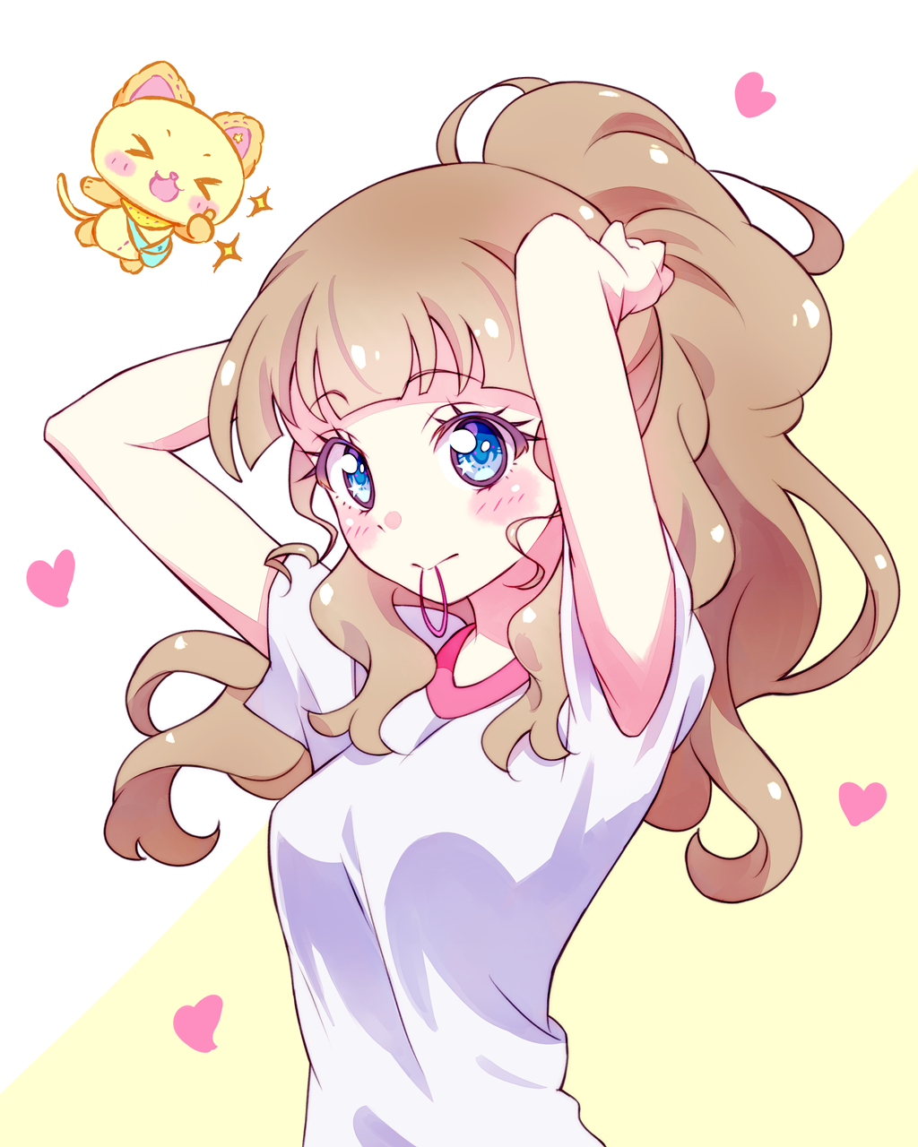 1girl, arms_up, blue_eyes, blush, breasts, brown_hair, closed_mouth, hair_tie_in_mouth, hands_in_own_hair, heart, highres, kyoutsuugengo, long_hair, looking_at_viewer, medium_breasts, mewkledreamy, mouth_hold, peko_(mewkledreamy), ponytail, shirt, short_sleeves, solo, stuffed_animal, stuffed_cat, stuffed_toy, thumbs_up, tsukishima_maira, upper_body, white_shirt