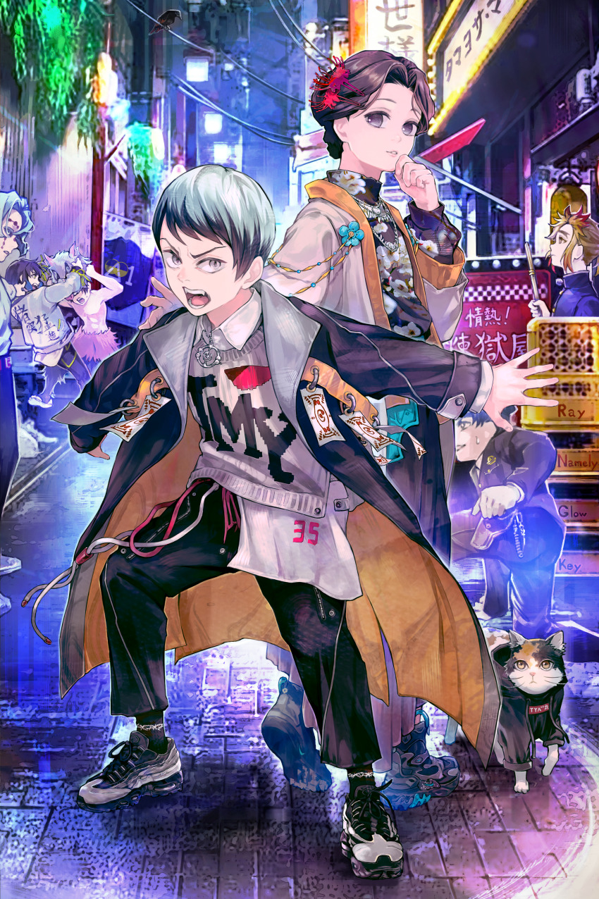 1girl, 6+boys, absurdres, alternate_costume, angry, animal, animal_in_clothes, black_coat