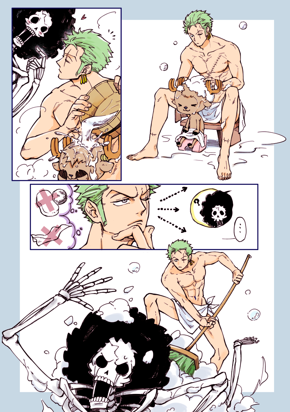 3boys, ?, abs, afro, antlers, bathing, black_hair, brook_(one_piece), chabo_(niwatori_bosori), comic, creature, earrings, full_body, green_hair, highres, horns, jewelry, male_focus, multiple_boys, muscular, one_piece, pectorals, reindeer, roronoa_zoro, scar, silent_comic, skeleton, smile, thinking, tony_tony_chopper, topless_male, underwear, underwear_only