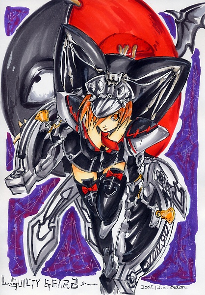 1girl, bat_wings, bow, breasts, cleavage, female_focus, guilty_gear, guilty_gear_2