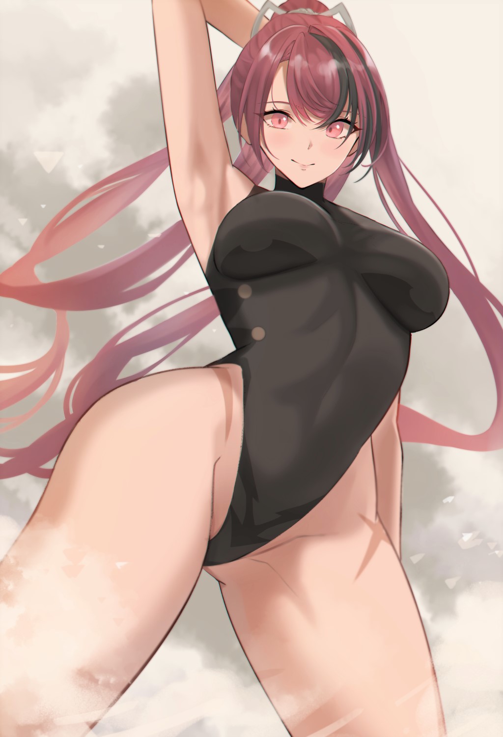 1girl, arm_up, armpits, black_hair, black_leotard, breasts, cross_scar, granblue_fantasy