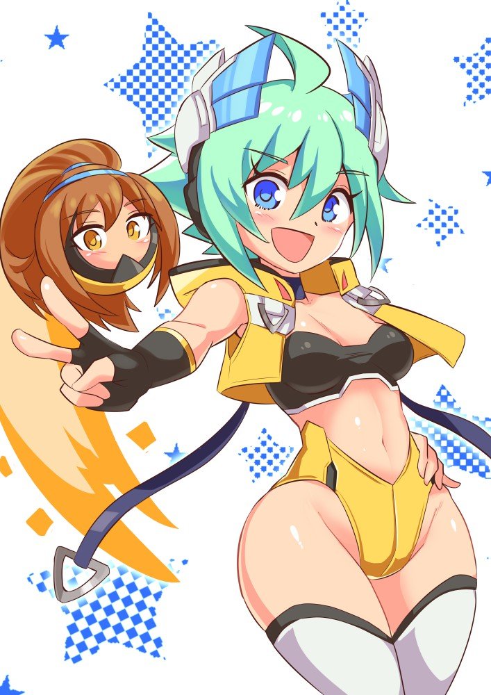 2girls, ahoge, azure_striker_gunvolt, ball, blue_eyes, breasts, cougar_(cougar1404), gloves