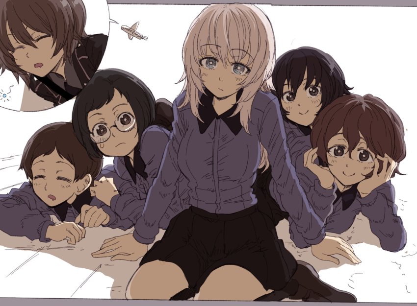 6+girls, aircraft, airplane, akaboshi_koume, black_eyes, black_footwear, black_hair, black_jacket
