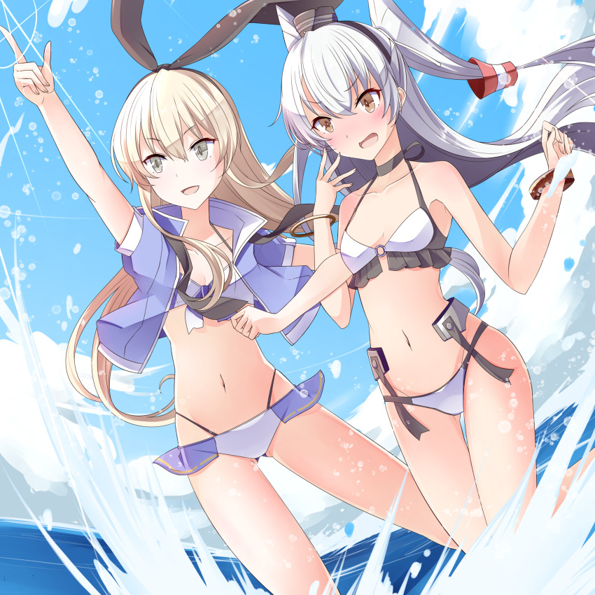 2girls, absurdres, amatsukaze_(kancolle), amatsukaze_(swimsuit)_(kancolle), apron, bikini, blonde_hair, blue_jacket