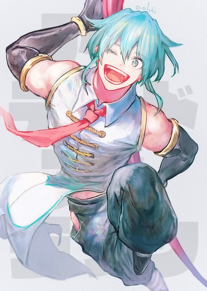1boy, ;d, aqua_eyes, aqua_hair, artist_name, black_gloves, chinese_clothes, elbow_gloves