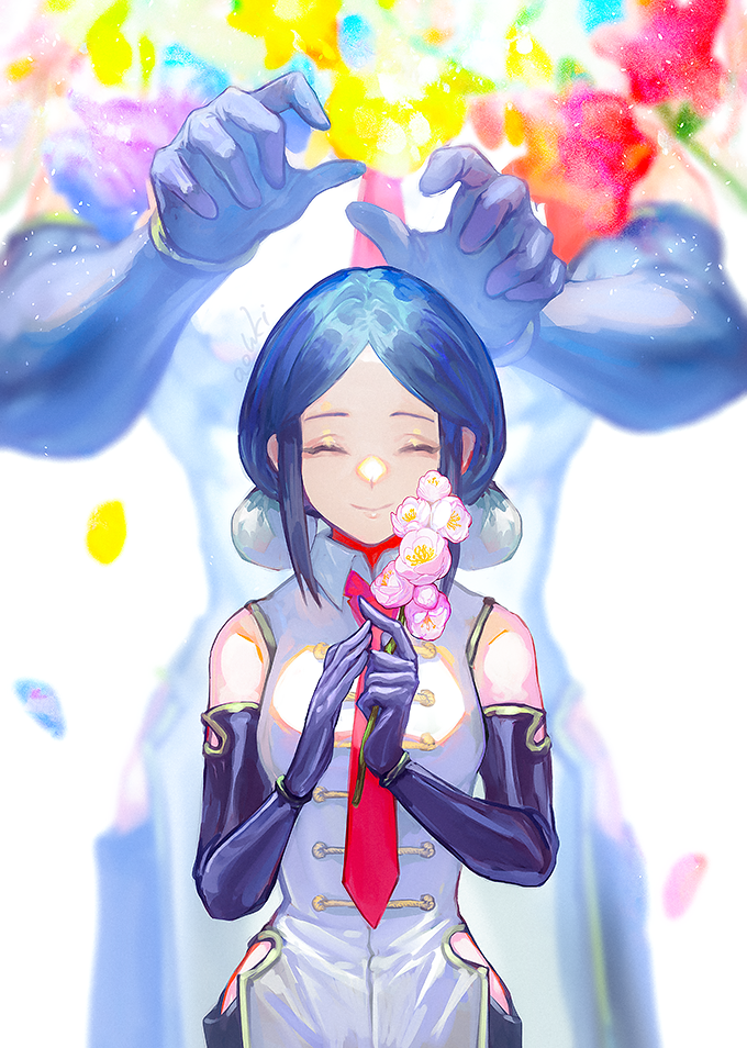 1boy, 1girl, blue_gloves, blue_hair, blurry, blurry_background, bracelet, china_dress, chinese_clothes, dress, elbow_gloves, gloves, jewelry, mui_(undead_unluck), red_neckwear, shen_(undead_unluck), short_hair, standing, undead_unluck, waterstaring, white_background, white_dress