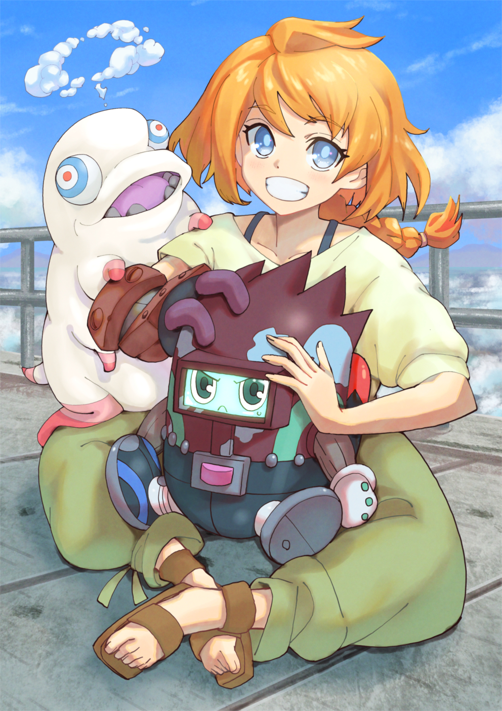 1girl, :d, blue_eyes, braid, braided_ponytail, day, decadence_(anime), frown