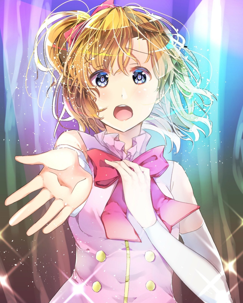 1girl, :o, artist_name, artist_request, blue_eyes, blush, bow, breasts, collared_dress, dress, female_focus, hair_between_eyes, hair_bow, hand_on_chest, highres, kosaka_honoka, long_sleeves, looking_at_viewer, love_live!, love_live!_school_idol_project, medium_breasts, neckercheif, orange_hair, parted_lips, pink_dress, reaching, reaching_towards_viewer, red_bow, red_neckwear, side_ponytail, smile, solo, takenokodomo