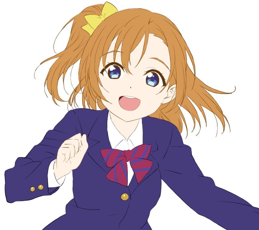 1girl, artist_name, artist_request, blue_eyes, blue_jacket, blush, bow, breasts, clenched_hand, collared_shirt, female_focus, hair_between_eyes, jacket, kosaka_honoka, looking_at_viewer, love_live!, love_live!_school_idol_project, medium_breasts, mikyan, orange_hair, otonokizaka_school_uniform, parted_lips, red_bow, school_uniform, shirt, side_ponytail, smile, solo, striped_bow, white_background, white_shirt, yellow_bow