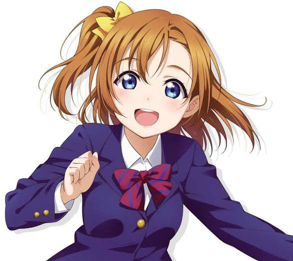 1girl, artist_name, artist_request, blue_eyes, blue_jacket, blush, bow, breasts, clenched_hand, collared_shirt, female_focus, hair_between_eyes, jacket, kosaka_honoka, looking_at_viewer, love_live!, love_live!_school_idol_project, medium_breasts, mikyan, orange_hair, otonokizaka_school_uniform, parted_lips, red_bow, school_uniform, shirt, side_ponytail, smile, solo, striped_bow, white_background, white_shirt, yellow_bow