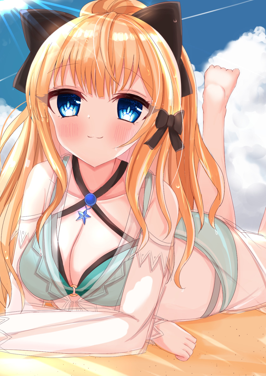 1girl, bad_id, bad_pixiv_id, bikini, black_bow, blonde_hair, blue_eyes, blush
