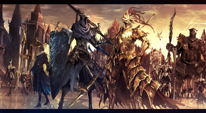 2girls, 3boys, 6+others, absurdres, armor, armored_dress, army, artorias_the_abysswalker