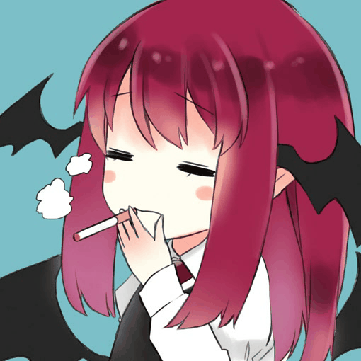 1girl, animated, animated_gif, bat_wings, blue_background, blush_stickers, chibi, cigarette, dress_shirt, koakuma, nagata_nagato, necktie, red_eyes, red_hair, red_necktie, shirt, simple_background, smile, smoke, smoking, solo, touhou, wings