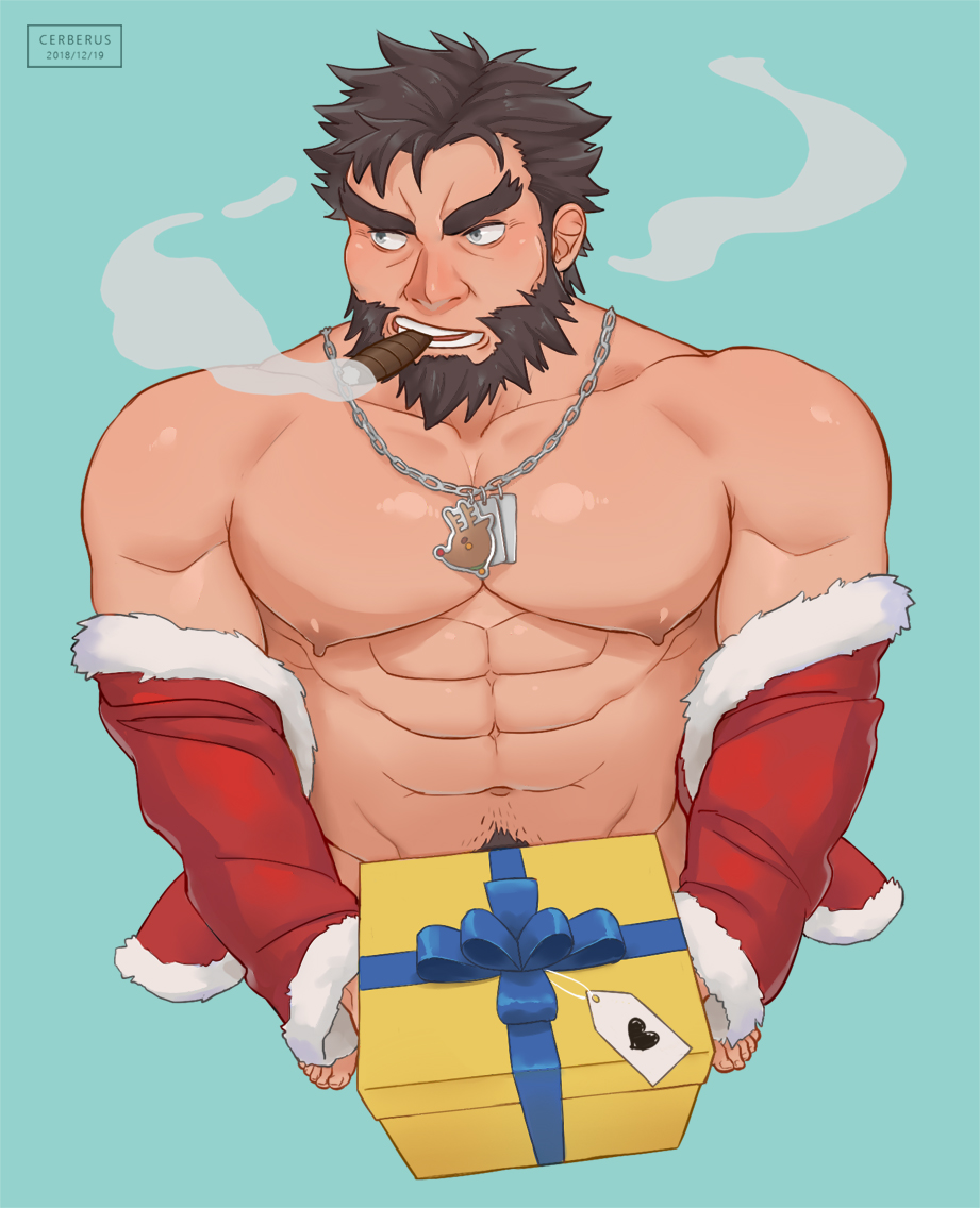 1boy, abs, bad_id, bad_pixiv_id, bara, beard, black_hair, cerberus_arts