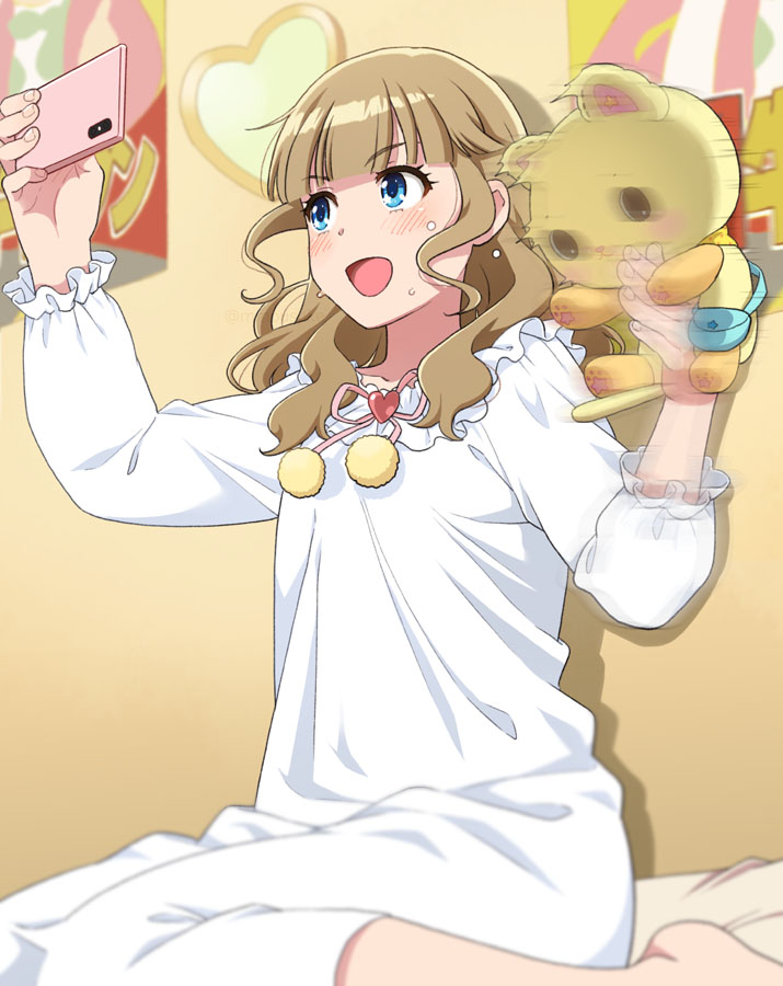 1girl, :d, bad_id, bad_pixiv_id, bed_sheet, blue_eyes, blunt_bangs, blush, brown_hair, cellphone, hand_up, heart, holding, holding_phone, indoors, long_hair, long_sleeves, mattaku_mousuke, mewkledreamy, motion_blur, open_mouth, peko_(mewkledreamy), phone, pom_pom_(clothes), selfie, sitting, sleepwear, smile, tsukishima_maira, v-shaped_eyebrows, wariza