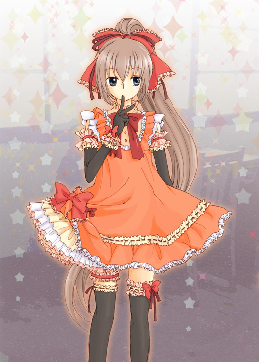 arm_at_side, arm_garter, artist_request, bib, black_thighhighs, blue_eyes, bow, bowtie