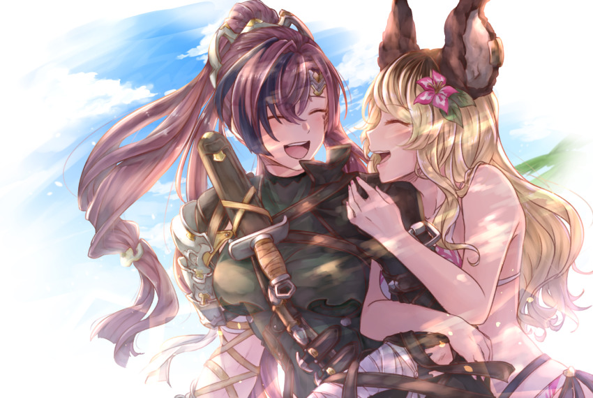 2girls, animal_ears, arm_hug, armor, bandaged_arm, bandages, blonde_hair, blue_sky