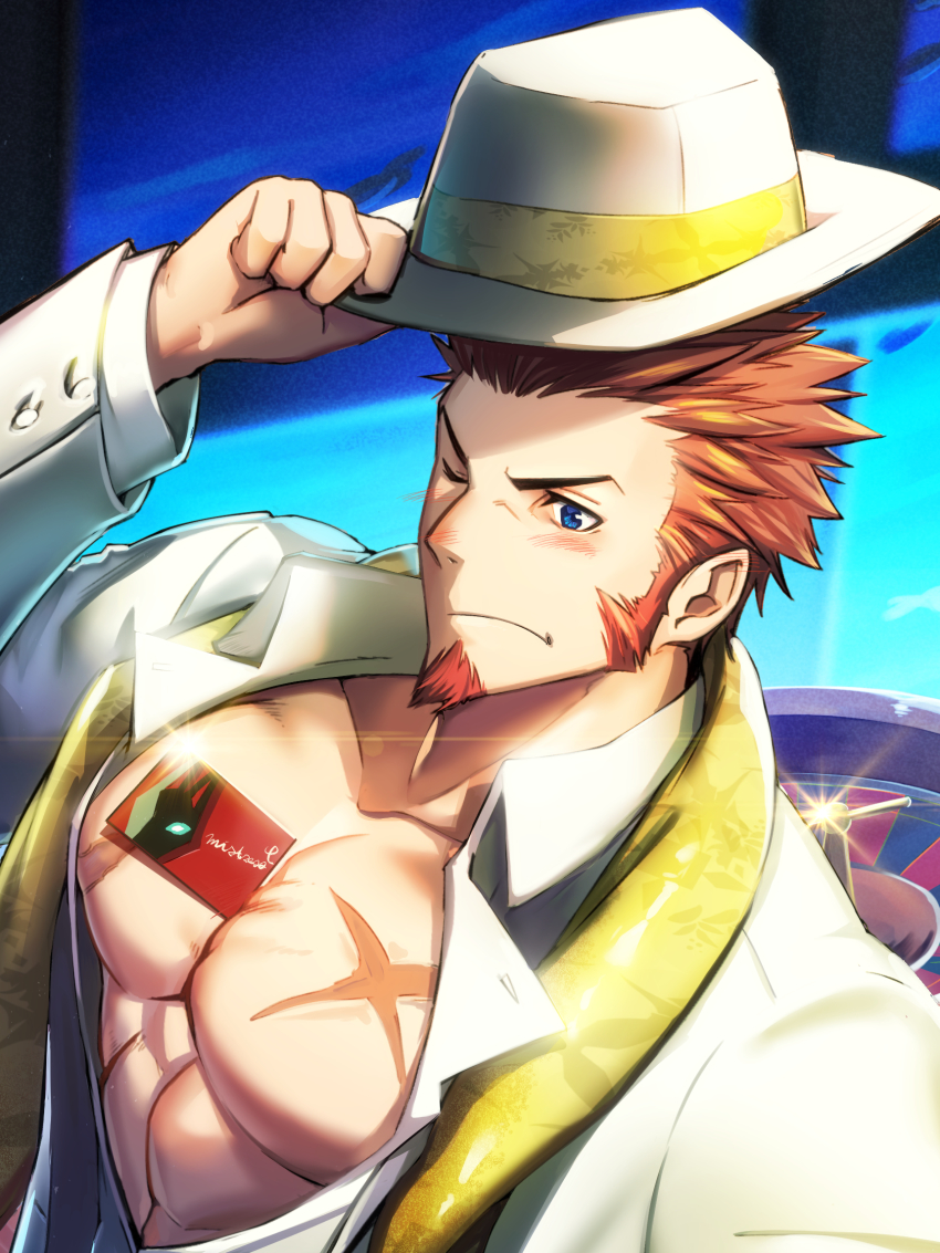 1boy, abs, bara, beard, between_pectorals, blue_eyes, blush, brown_hair