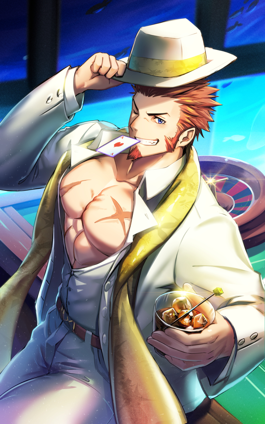 1boy, abs, bara, beard, belt, blue_eyes, blush, brown_hair