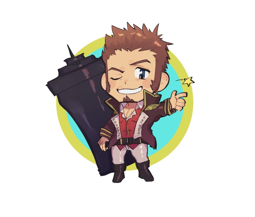 1boy, beard, blue_eyes, blush, brown_hair, chibi, collar, epaulettes