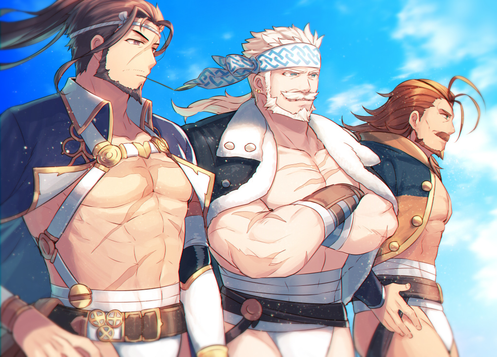 3boys, abs, alternate_costume, bara, beard, brown_eyes, collarbone, crossed_arms, eugen_(granblue_fantasy), facial_hair, fundoshi, granblue_fantasy, haneten_kagatsu, japanese_clothes, jin_(granblue_fantasy), large_pectorals, male_focus, male_underwear, multiple_boys, muscular, mustache, no_nipples, pectorals, sanbagarasu_otoko_uta, scar, sky, smile, soriz, upper_body, white_male_underwear
