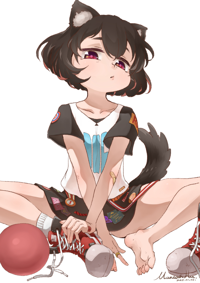1girl, animal_ears, ball, bandaid, bandaid_on_arm, bandaid_on_hand, barefoot, black_hair