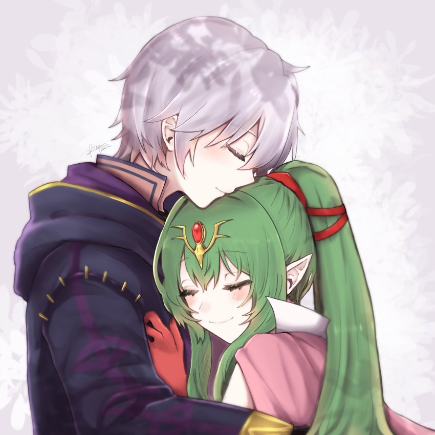 1boy, 1girl, blush, cape, circlet, closed_eyes, couple, fire_emblem