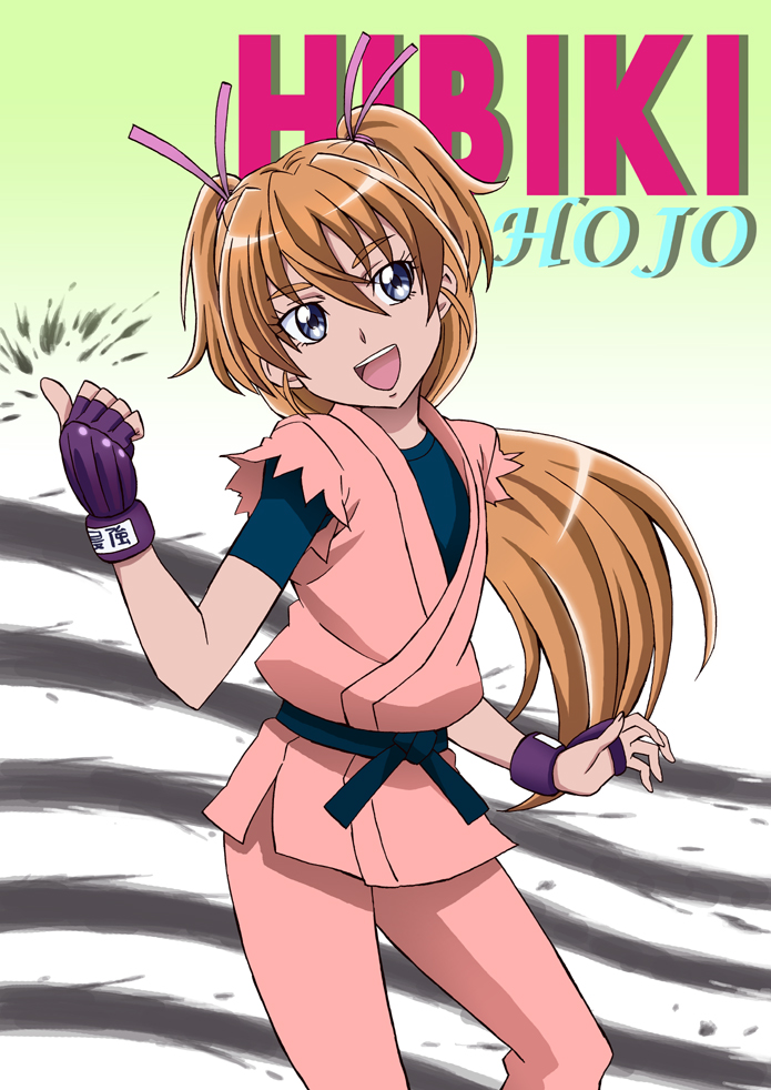 1girl, :d, alternate_costume, belt, blue_belt, blue_eyes, blue_shirt, brown_hair