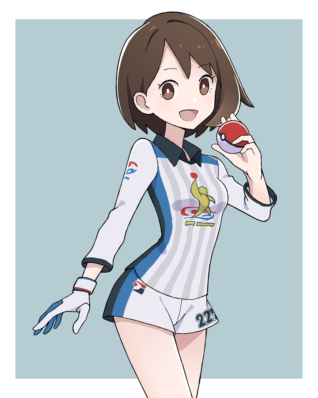 1girl, :d, brown_eyes, brown_hair, collared_shirt, commentary, dynamax_band, gloria_(pokemon), gloves, gym_challenge_uniform, hand_up, highres, holding, holding_poke_ball, looking_at_viewer, nintendo, open_mouth, otomica, poke_ball, poke_ball_(basic), pokemon, pokemon_sword_and_shield, print_shirt, print_shorts, shirt, short_hair, shorts, single_glove, smile, solo, two-tone_background, two-tone_gloves