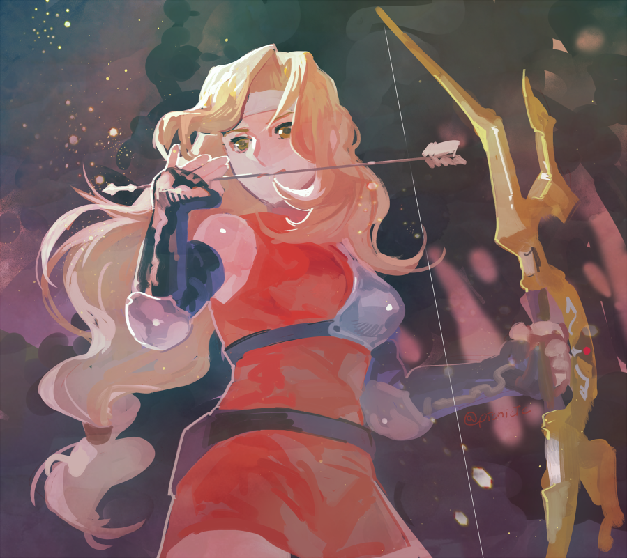 1girl, armor, arrow_(projectile), arrow_in_mouth, belt, blonde_hair, bow_(weapon), brigid_(fire_emblem)