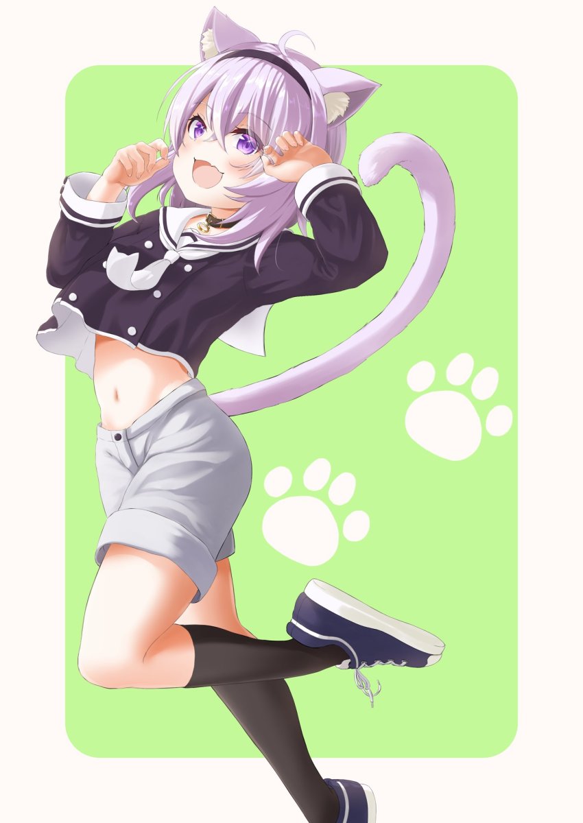 1girl, :3, :d, ahoge, animal_ears, bad_id, bad_twitter_id, black_shirt, black_socks, blush, buttons, cat-shaped_neckwear, cat_ears, cat_girl, cat_tail, choker, claw_pose, collar, cropped_shirt, double-breasted, fang, fingernails, full_body, grey_shorts, hairband, highres, hololive, leg_up, long_sleeves, looking_at_viewer, midriff, navel, neckerchief, nekomata_okayu, nekomata_okayu_(school_uniform), open_mouth, paw_print, paw_print_background, purple_eyes, purple_hair, sailor_collar, sailor_shirt, school_uniform, serafuku, shirt, shoes, shorts, skin_fang, smile, sneakers, socks, solo, sparkling_eyes, stomach, tail, two-tone_background, uetaku, virtual_youtuber, w_arms