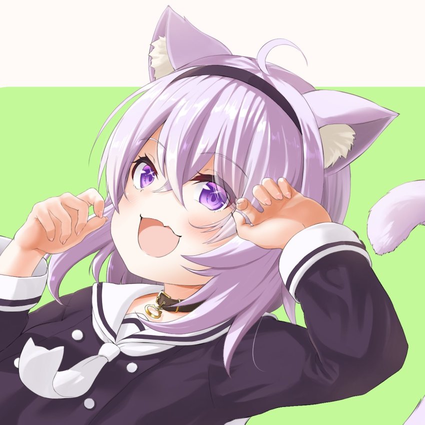 1girl, :3, :d, ahoge, animal_ears, bad_id, bad_twitter_id, black_shirt, blush, buttons, cat-shaped_neckwear, cat_ears, cat_girl, cat_tail, choker, claw_pose, close-up, collar, double-breasted, fang, fingernails, hairband, highres, hololive, long_sleeves, looking_at_viewer, neckerchief, nekomata_okayu, nekomata_okayu_(school_uniform), open_mouth, portrait, purple_eyes, purple_hair, sailor_collar, sailor_shirt, school_uniform, serafuku, shirt, skin_fang, smile, solo, sparkling_eyes, tail, two-tone_background, uetaku, virtual_youtuber, w_arms