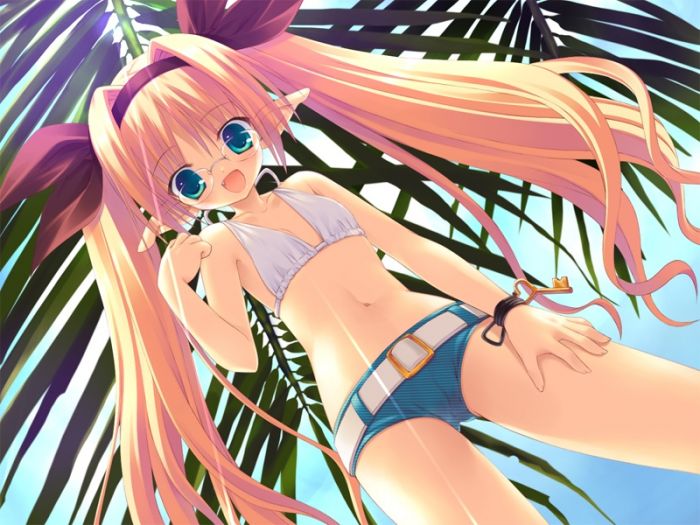 10s, 1girl, :d, aqua_eyes, belt, bikini, bikini_top_only, blonde_hair