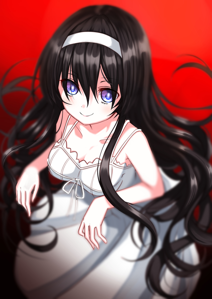 1girl, absurdres, bare_shoulders, black_hair, blurry, breasts, cleavage, closed_mouth