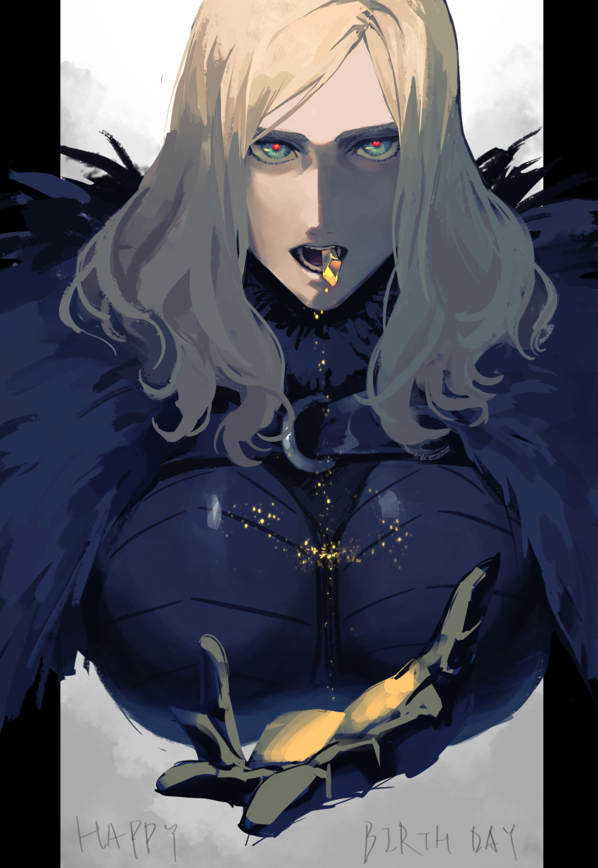 1girl, abandoned_star_hyndra, blonde_hair, breasts, crystal, dust, fur_trim, green_eyes, happy_birthday, highres, holding, huge_breasts, large_breasts, medium_hair, mouth_hold, multicolored_eyes, o-ring, open_mouth, pixiv_fantasia, pixiv_fantasia_age_of_starlight, red_eyes, satome_setsuko, solo, teeth, teeth_hold, upper_body