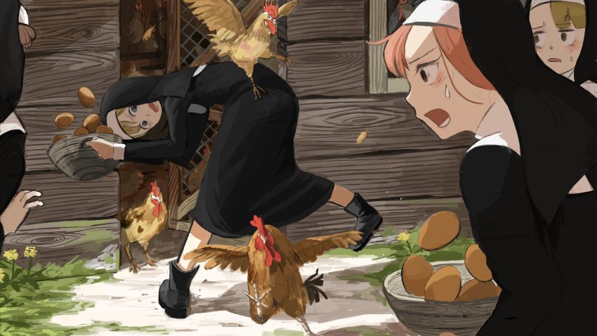 4girls, basket, bent_over, bird, black_footwear, blonde_hair, blue_hair, boots, brown_hair, chicken, chicken_coop, clumsy_nun_(diva), day, diva_(hyxpk), egg, flower, green_eyes, habit, highres, hungry_nun_(diva), little_nuns_(diva), looking_at_another, looking_back, multiple_girls, nun, nun_headdress, outdoors, pink_hair, slice_of_life, spicy_nun_(diva), sweatdrop, traditional_nun