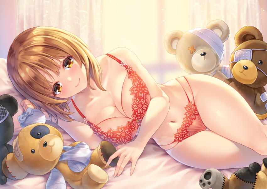 1girl, arm_support, bare_shoulders, bed, blush, bra, breasts, brown_eyes