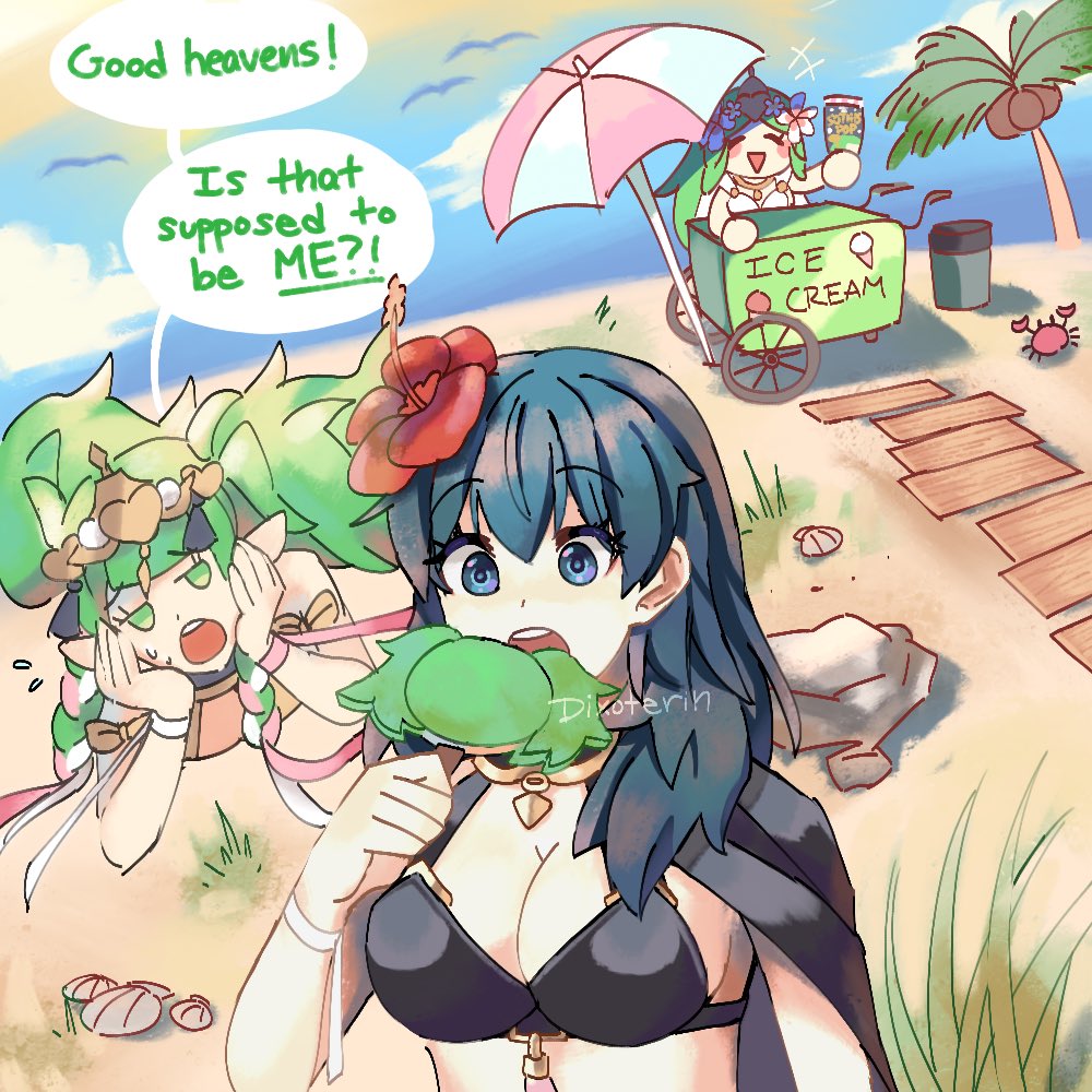 3girls, artist_name, bikini, black_bikini, blue_eyes, blue_hair, blue_sky, braid, breasts, cleavage, closed_eyes, cloud, commentary, crab, day, dixoterin, eating, english_commentary, english_text, female_byleth_(fire_emblem), female_byleth_(summer)_(fire_emblem), female_focus, fire_emblem, fire_emblem:_three_houses, fire_emblem_heroes, flower, food, food_stand, green_eyes, green_hair, hair_flower, hair_ornament, hair_ribbon, holding, ice_cream_stand, large_breasts, long_hair, matching_hair/eyes, multiple_girls, nintendo, official_alternate_costume, open_mouth, outdoors, palm_tree, pointy_ears, popsicle, rhea_(fire_emblem), rhea_(summer)_(fire_emblem), ribbon_braid, sky, sothis_(fire_emblem), swimsuit, tiara, tree, twin_braids