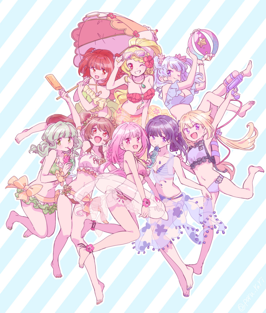 6+girls, :d, akino_kaede, akino_kaede_(swimsuit_costume), alternate_costume, alternate_hairstyle, aqua_nails, arm_up