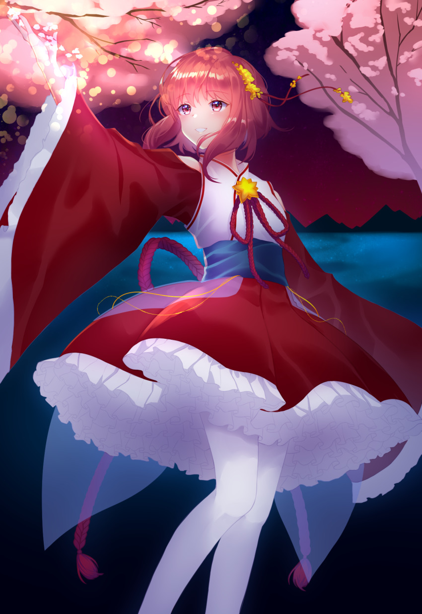 1girl, adapted_costume, arcelle, cherry_blossoms, dress, fire_emblem, fire_emblem_fates, grin