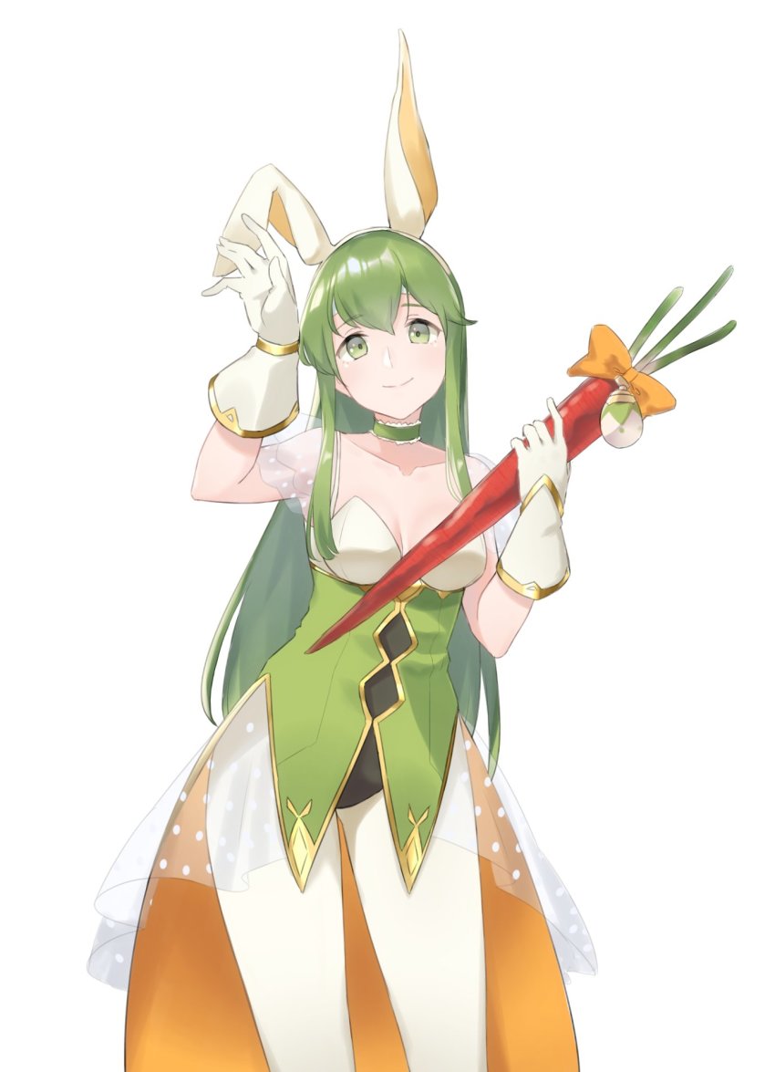 1girl, animal_ears, rabbit_ears, closed_mouth, fake_animal_ears, fire_emblem, fire_emblem:_mystery_of_the_emblem, fire_emblem_heroes, gloves, green_eyes, green_hair, highres, holding, leotard, long_hair, nintendo, palla_(fire_emblem), ruis_bacon, simple_background, smile, solo, white_background, white_gloves, white_legwear