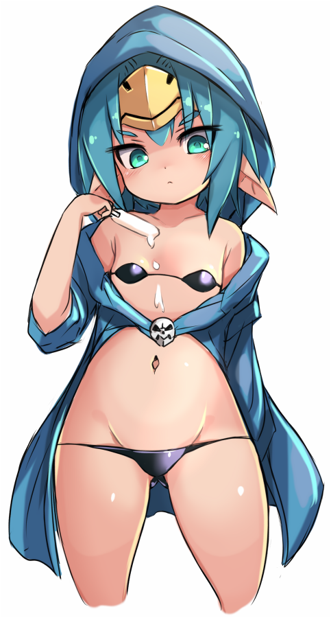 1girl, bare_shoulders, bikini, black_bikini, blue_hair, blue_jacket, blush, breasts, closed_mouth, cropped_legs, dripping, food, green_eyes, groin, hand_up, hellmatio, holding, holding_food, hood, hood_up, hooded_jacket, jacket, karukan_(monjya), lowleg, lowleg_bikini, navel, off_shoulder, pointy_ears, popsicle, shinrabanshou, short_sleeves, simple_background, small_breasts, solo, suggestive_fluid, swimsuit, thick_eyebrows, v-shaped_eyebrows, white_background