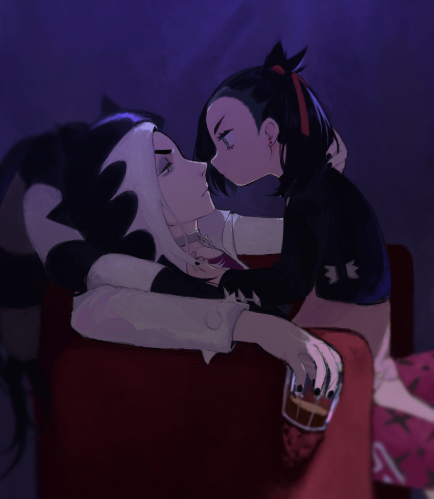 1boy, 1girl, black_hair, black_jacket, black_nails, brother_and_sister, closed_mouth, commentary_request, cup, dress, earrings, eye_contact, eyelashes, glass, gym_leader, hair_ribbon, highres, holding, holding_cup, jacket, jewelry, long_hair, long_sleeves, looking_at_another, marnie_(pokemon), multicolored_hair, nail_polish, nintendo, piers_(pokemon), pink_dress, pokemon, pokemon_sword_and_shield, ribbon, robot_(pixiv_42325944), siblings, two-tone_hair, white_hair